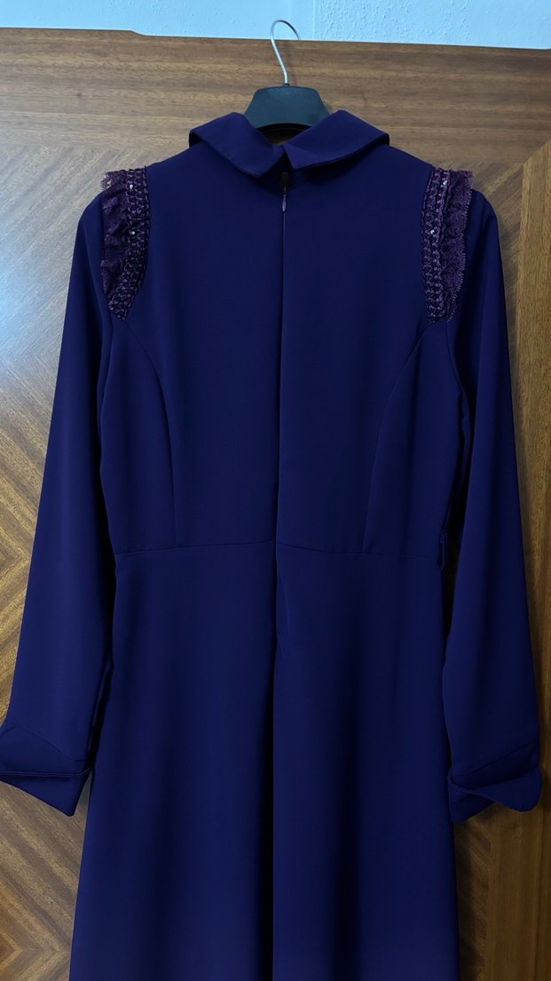 Mor Uzun Kollu Modern Klasik Elbise - Görsel 3