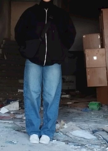 Kadın  Mavi Bol Kesim Geniş Paça Baggy Jean - Görsel 3