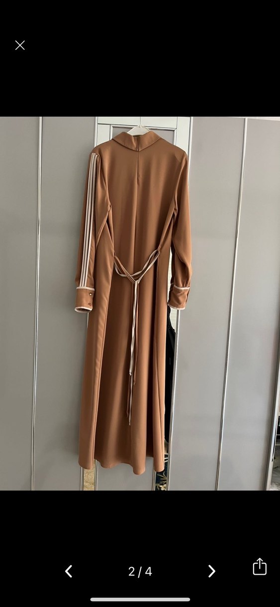 Bej Uzun Kollu Modern Klasik Elbise - Görsel 3