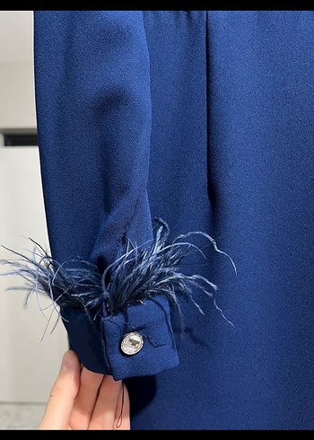 Mavi Uzun Kollu Drapeli Uzun Elbise - Görsel 4