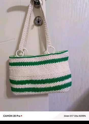 Yeşil Çizgili Örgü Kadın Çanta - Görsel 2
