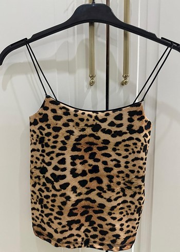 Kahverengi Leopar Desenli İnce Askılı Mini Üst