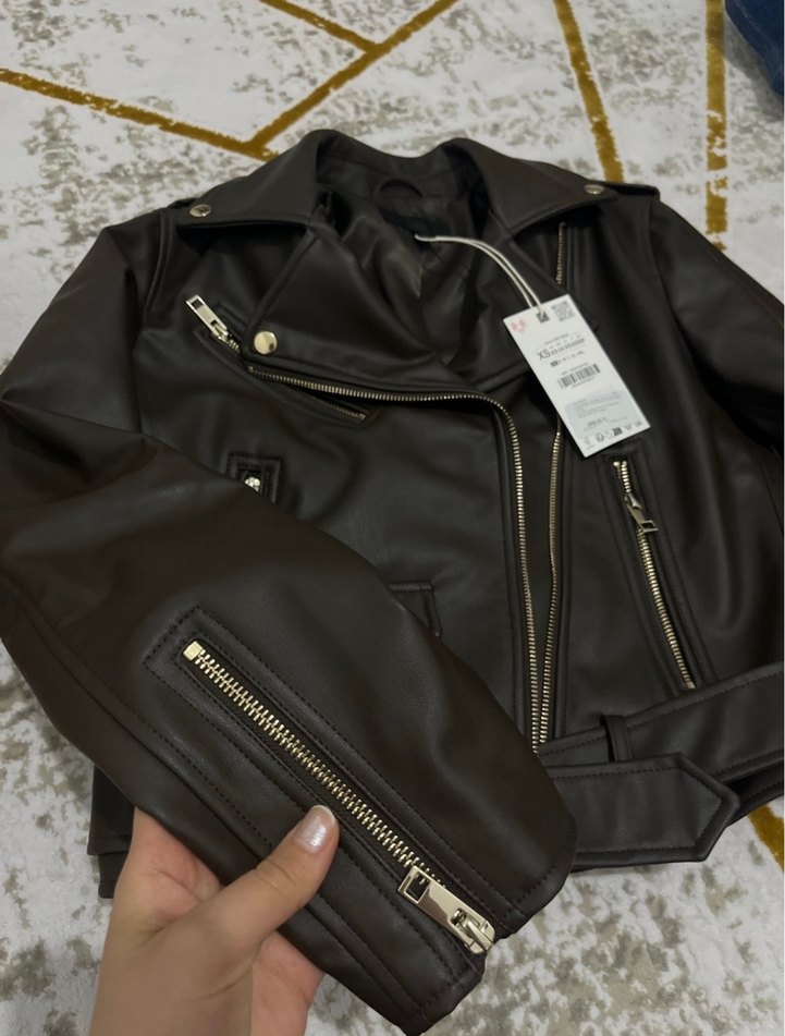 Kadın Kahverengi Deri Biker Ceket - Görsel 5