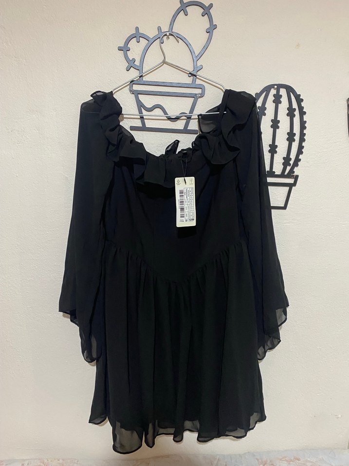 Siyah Mini Uzun Kollu Fırfırlı Gotik Elbise - Görsel 2