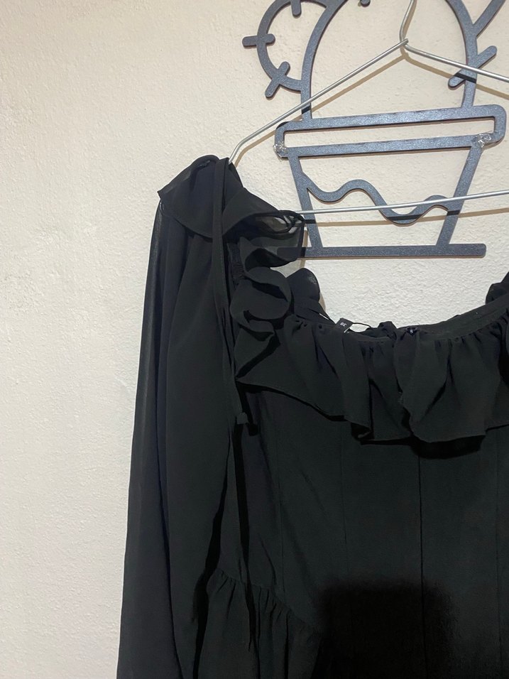 Siyah Mini Uzun Kollu Fırfırlı Gotik Elbise - Görsel 3