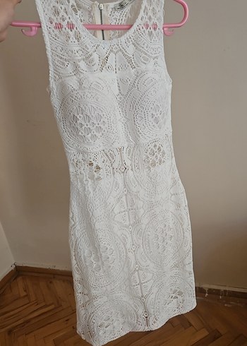 Dantel İşlemeli Beyaz Bohem Midi Elbise