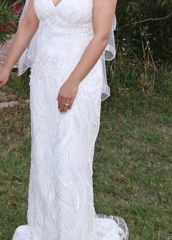 Beyaz V Yaka İp Askılı Uzun Balık Gelinlik ve duvakta hediyesi - Görsel 2