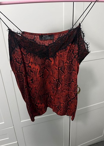 Kırmızı Yılan Derisi Desenli İnce Askılı büstier - Görsel 2