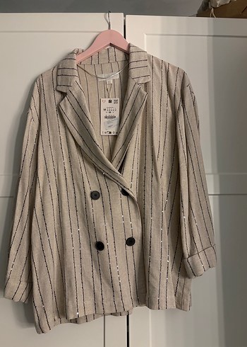 Zara Bej Cizgili Pul Detayli Keten Kadin Blazer
