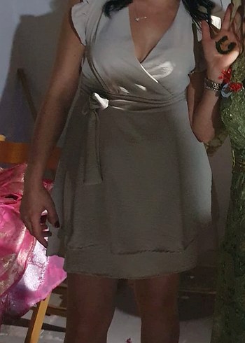 Bej V Yaka Kolsuz Bohem Midi Elbise - Görsel 5