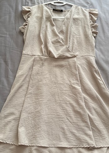 Bej V Yaka Kolsuz Bohem Midi Elbise - Görsel 4