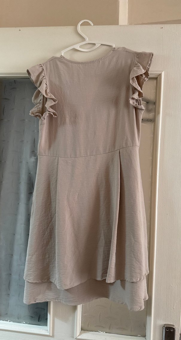 Bej V Yaka Kolsuz Bohem Midi Elbise - Görsel 2