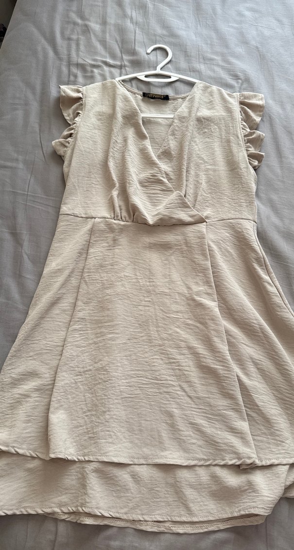 Bej V Yaka Kolsuz Bohem Midi Elbise - Görsel 4