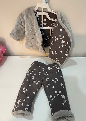 Gri Peluş Bebek Kışlık Takım 3-6 ay çift taraflı giyilebilir - Görsel 2