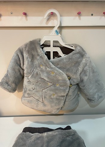 Gri Peluş Bebek Kışlık Takım 3-6 ay çift taraflı giyilebilir - Görsel 5