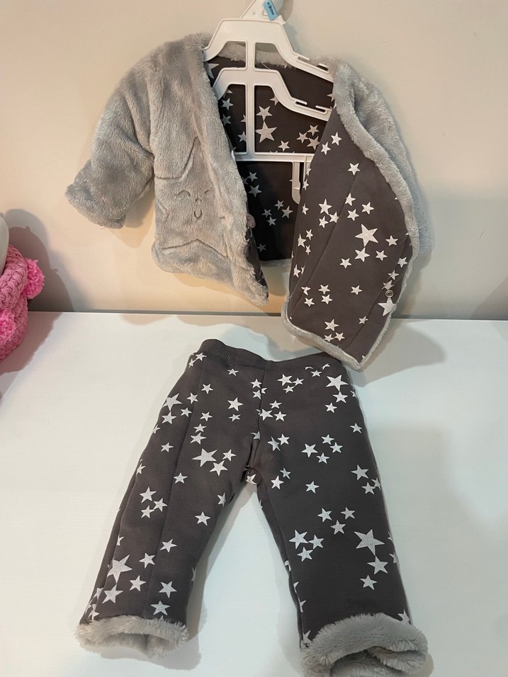 Gri Peluş Bebek Kışlık Takım 3-6 ay çift taraflı giyilebilir - Görsel 2