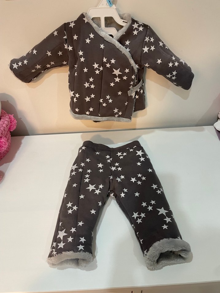 Gri Peluş Bebek Kışlık Takım 3-6 ay çift taraflı giyilebilir - Görsel 3