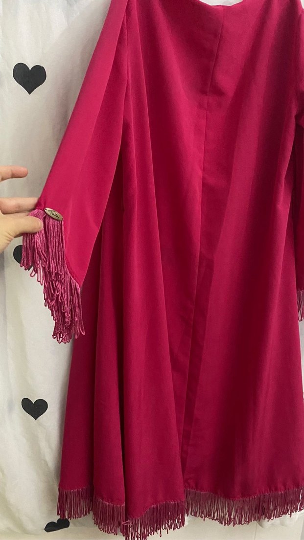 Fuşya Uzun Kadın kimona püsküllü işleme - Görsel 2