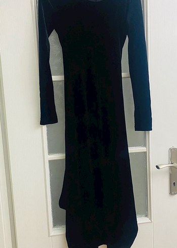 Siyah Süet Uzun Kollu Kemerli Uzun Elbise - Görsel 2