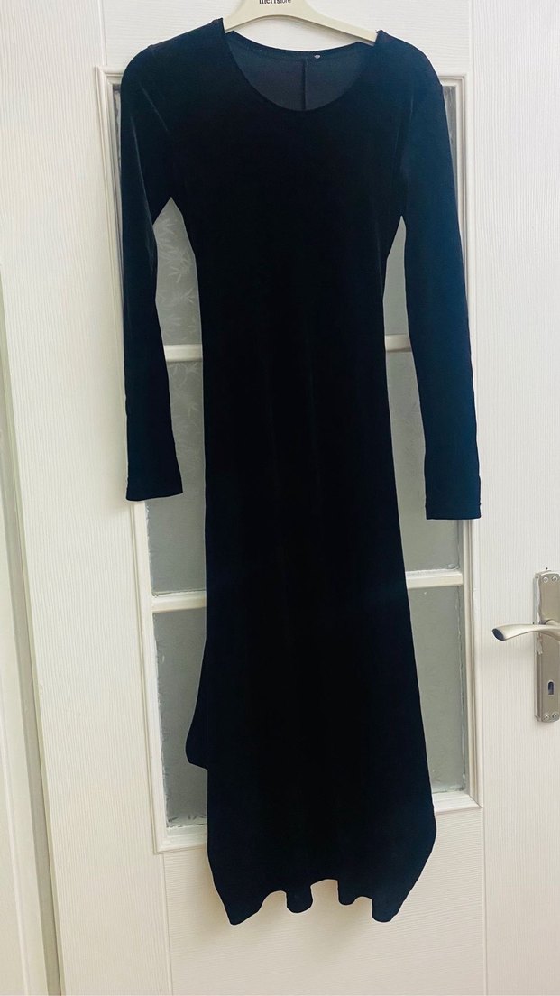 Siyah Süet Uzun Kollu Kemerli Uzun Elbise - Görsel 2