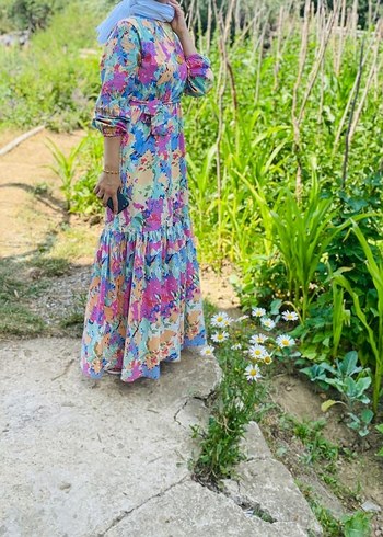 Bohem Çok Renkli Uzun Bağlama Desenli Elbise - Görsel 2