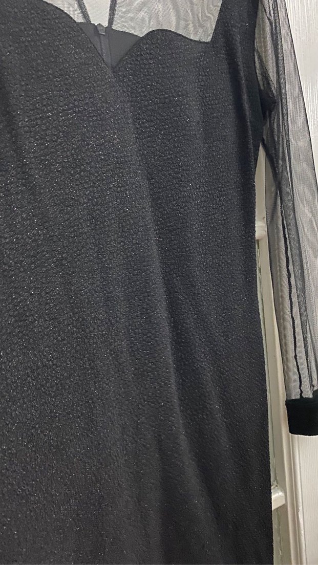 Siyah V Yaka Uzun Kollu Midi Gotik abiye Elbise - Görsel 2