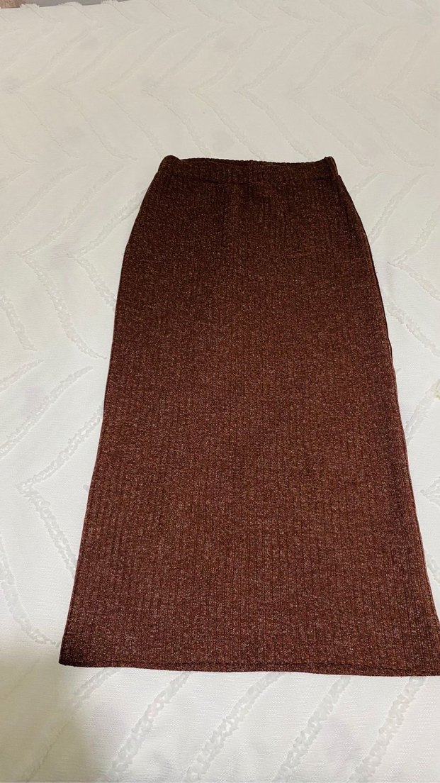 Kahverengi  Triko etekli takım kendinden simli kadın - Görsel 3