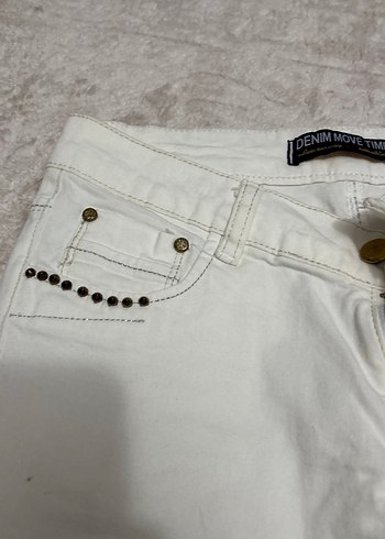 29 Beden beyaz Renk Beyaz Nakışlı ve Payetli Denim Kadın Pantolon
