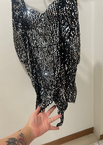 Siyah Payetli Mini Yılan Desenli Abiye Elbise - Görsel 3