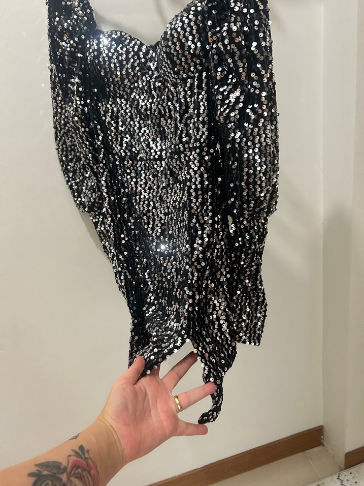 Siyah Payetli Mini Yılan Desenli Abiye Elbise - Görsel 3