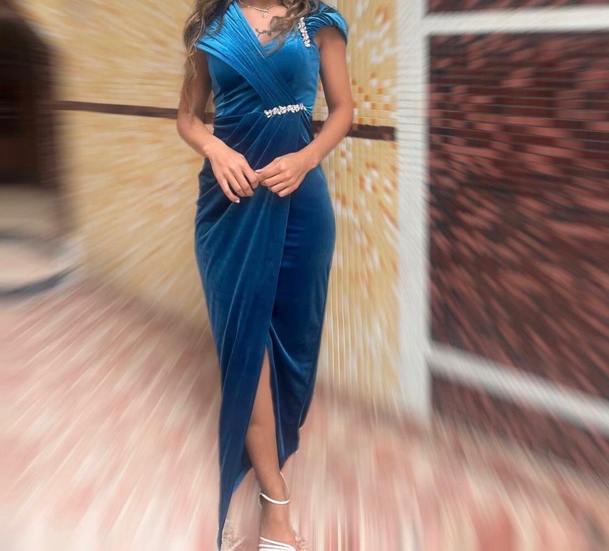 Kadın Mavi Uzun Drapeli Abiye Elbise - Görsel 2