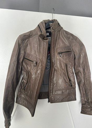 Kahverengi Deri Biker Ceket