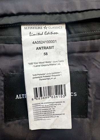 Altınyıldız 58 beden limited edition Grii Erkek Yün Kaban - Görsel 3