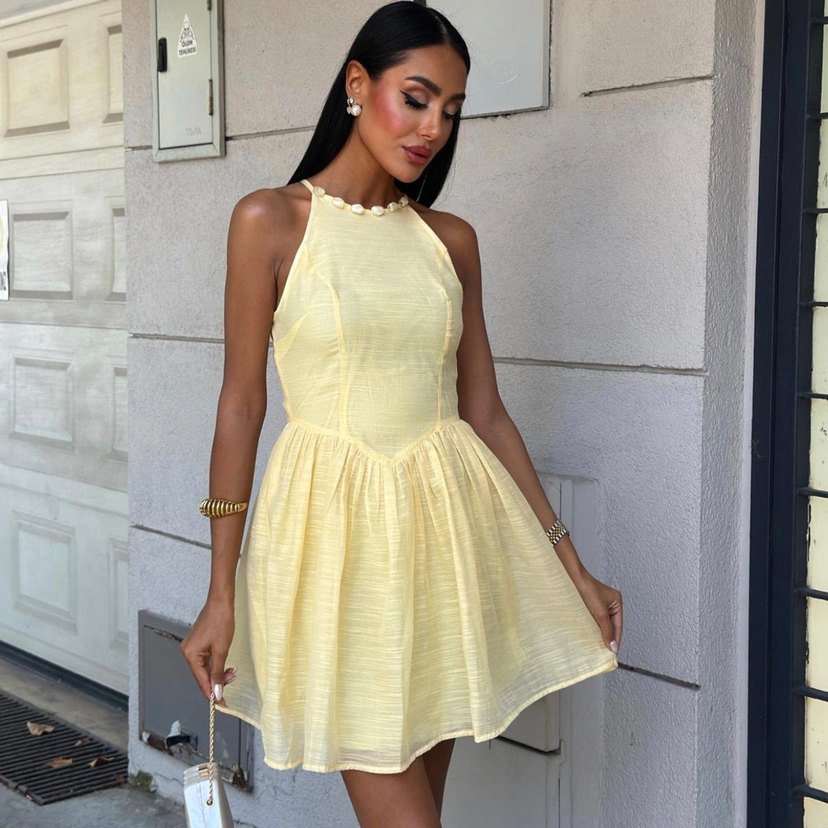 Sarı Mini Askılı Pileli Elbise - Görsel 2