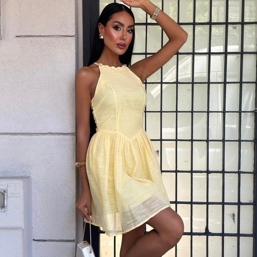 Sarı Mini Askılı Pileli Elbise - Görsel 3