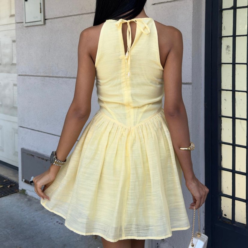 Sarı Mini Askılı Pileli Elbise - Görsel 4