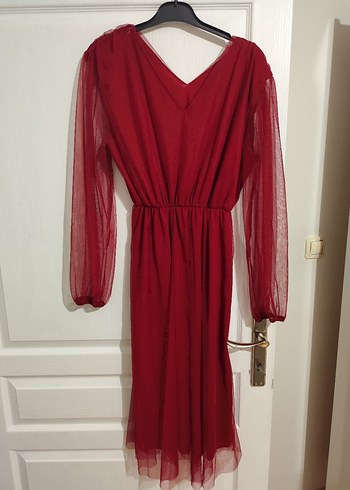 Bordo Uzun Kollu V Yaka Kadın Elbise - Görsel 2