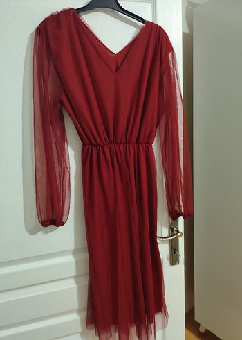 Bordo Uzun Kollu V Yaka Kadın Elbise - Görsel 3