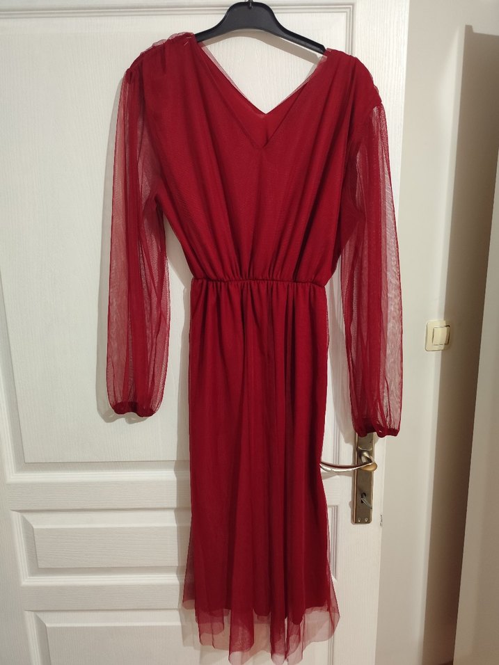 Bordo Uzun Kollu V Yaka Kadın Elbise - Görsel 2