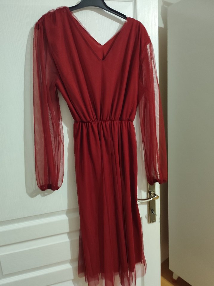 Bordo Uzun Kollu V Yaka Kadın Elbise - Görsel 3