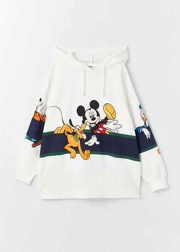 Kadın Beyaz Kapüşonlu Mickey Baskılı Sweatshirt - Görsel 5