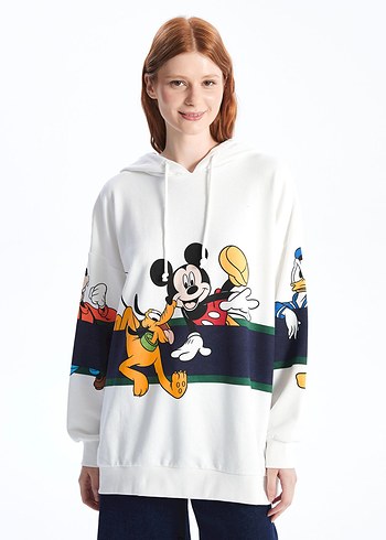 Kadın Beyaz Kapüşonlu Mickey Baskılı Sweatshirt - Görsel 2