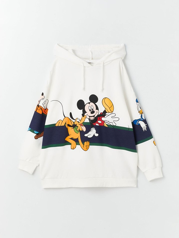 Kadın Beyaz Kapüşonlu Mickey Baskılı Sweatshirt - Görsel 5