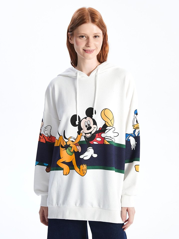 Kadın Beyaz Kapüşonlu Mickey Baskılı Sweatshirt - Görsel 2