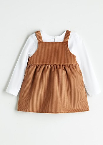 Bej Uzun Kollu Pamuklu Kız Elbisesi - Görsel 2