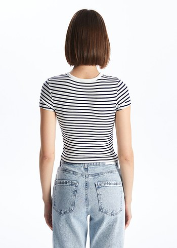 Çizgili Beyaz Mini Tişört - Görsel 4