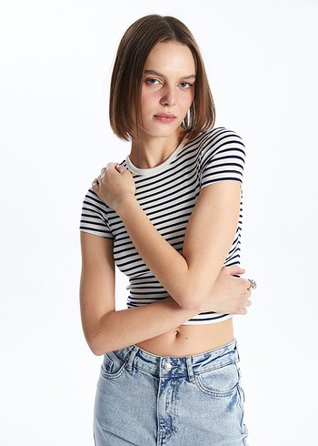 Çizgili Beyaz Mini Tişört - Görsel 2