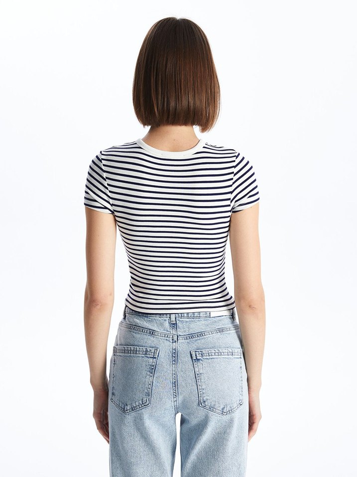 Çizgili Beyaz Mini Tişört - Görsel 4