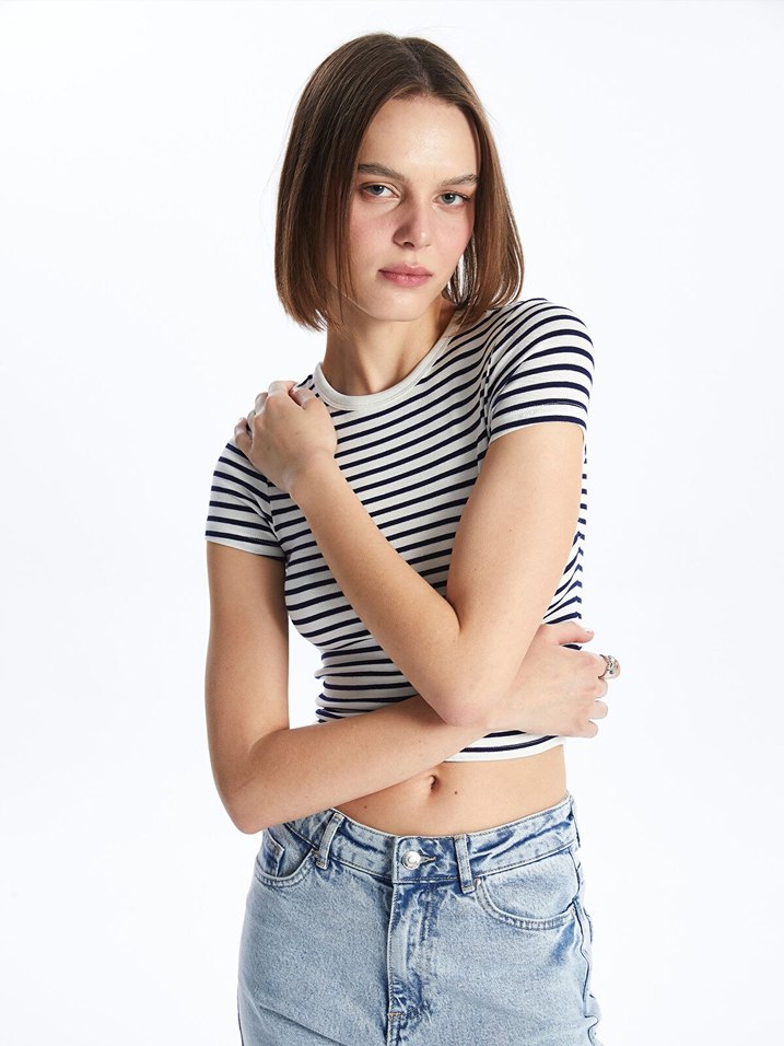 Çizgili Beyaz Mini Tişört - Görsel 2