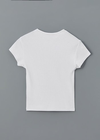 Beyaz Baskılı Kısa Kollu Kadın Tişört - Görsel 5